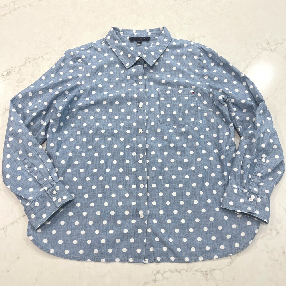 Tommy Hilfiger Button Up Shirt Womens XL Blue Cotton Polka Dot Chambray Roll Tab - Picture 2 of 9